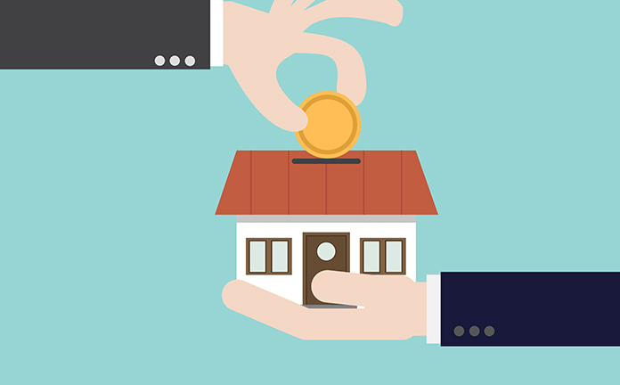 Illustratie waarbij iemand een huisje vasthoudt en iemand anders gooit er geld in