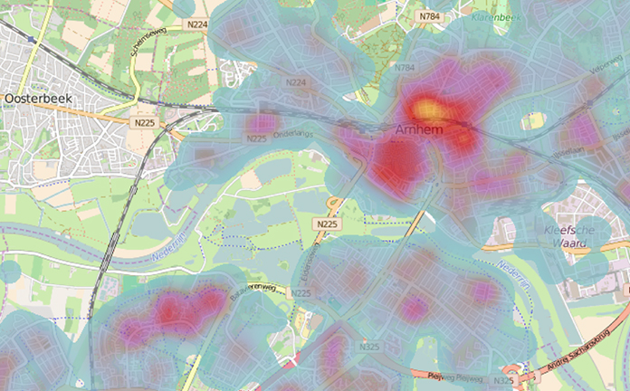 Kaart met data van Arnhem
