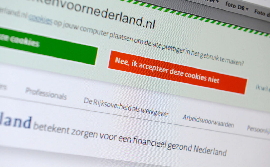 Cookiebanner op laptopscherm met opties Ja, ik accepteer deze cookies en Nee, ik accepteer deze cookies niet