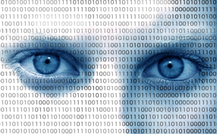 Twee blauwe ogen die je aankijken met daaroverheen nullen en enen