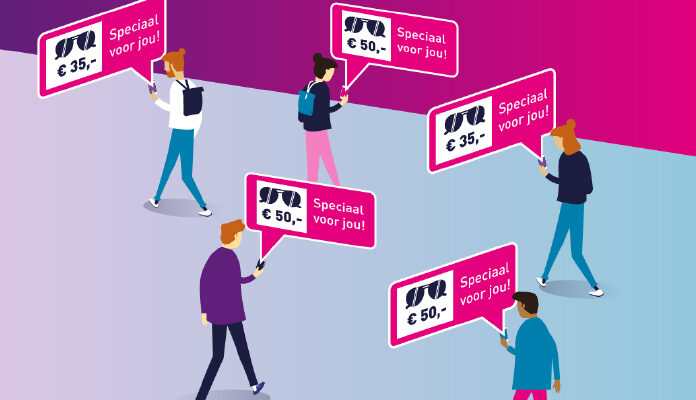 Illustratie waarbij meerdere mensen een advertentie op hun telefoon krijgen van een zonnebril met tekst 50 euro, speciaal voor jou