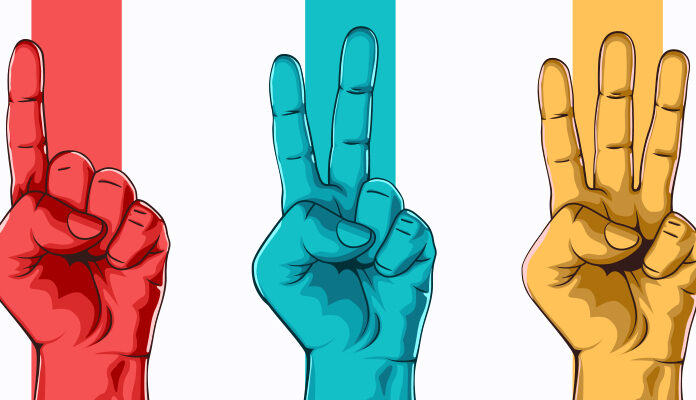Illustratie met drie handen, de eerste steekt 1 vinger op, de tweede 2, de derde 3