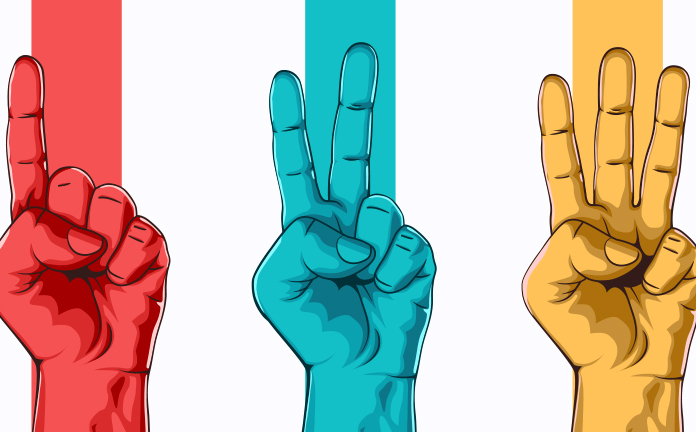 Illustratie met drie handen, de eerste steekt 1 vinger op, de tweede 2, de derde 3
