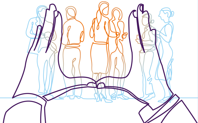 Getekende mannen en vrouwen met handen ervoor