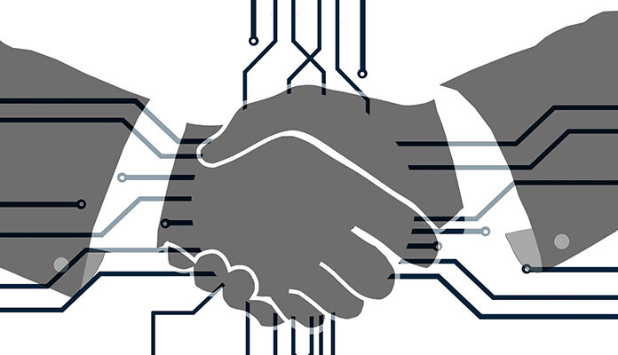 Illustratie waarbij handen worden geschud met daaroverheen communicatielijnen