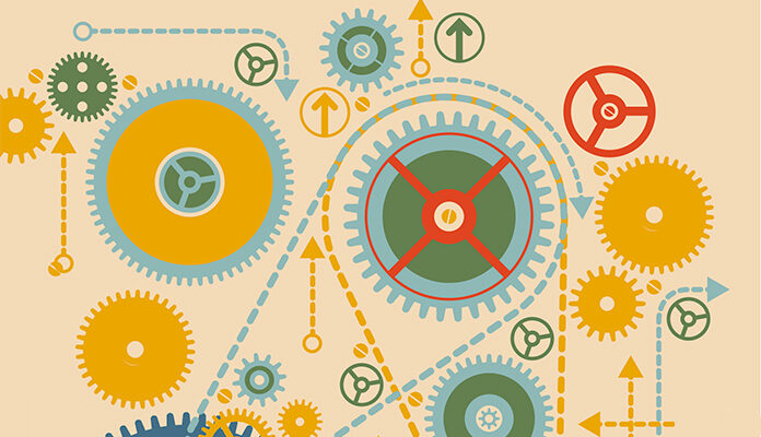 Diverse tandwielen die met elkaar verbonden zijn.