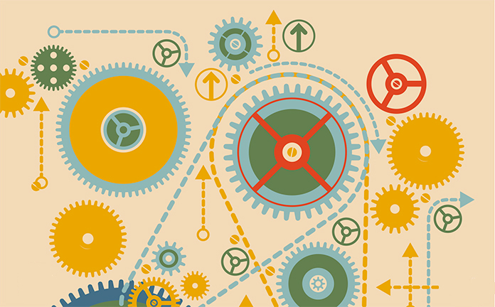 Diverse tandwielen die met elkaar verbonden zijn.