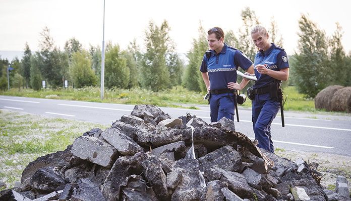 2 boa's inspecteren puin op straat.