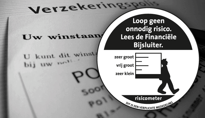 Beeld met de tekst: Loop geen onnodig risico. Lees de financiële bijsluiter. Een bewegend mannetje staat bij een risicometer met verschillende niveaus: zeer groot, vrij groot en zeer klein.