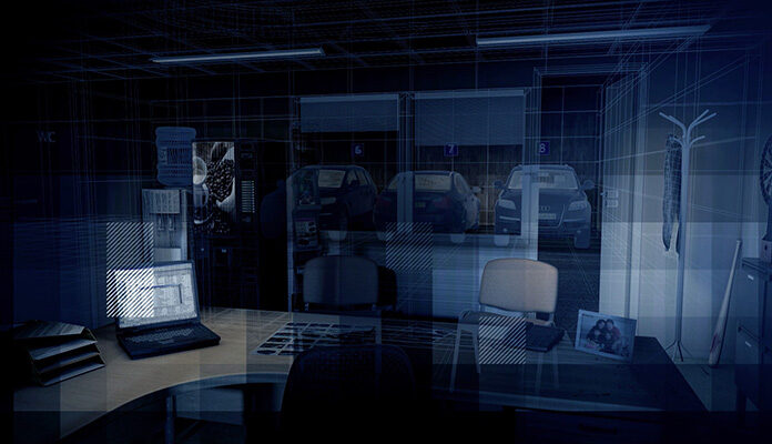 Illustratie met laptop, auto's en kantoorruimte