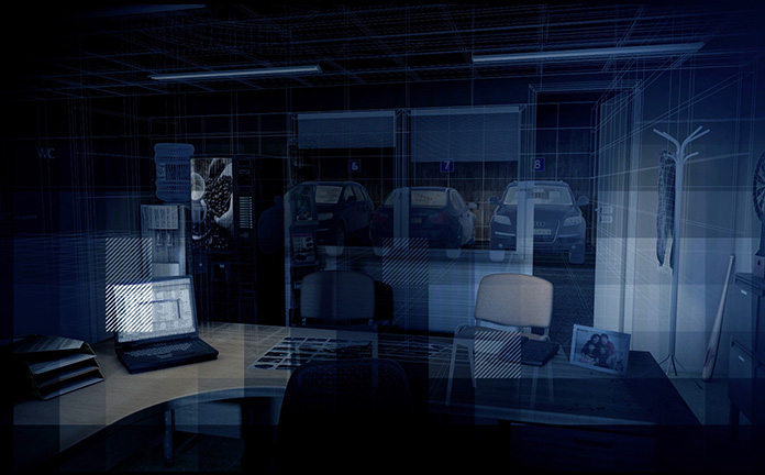 Illustratie met laptop, auto's en kantoorruimte