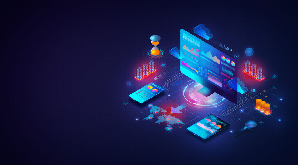 Grafische afbeelding met computer en telefoons