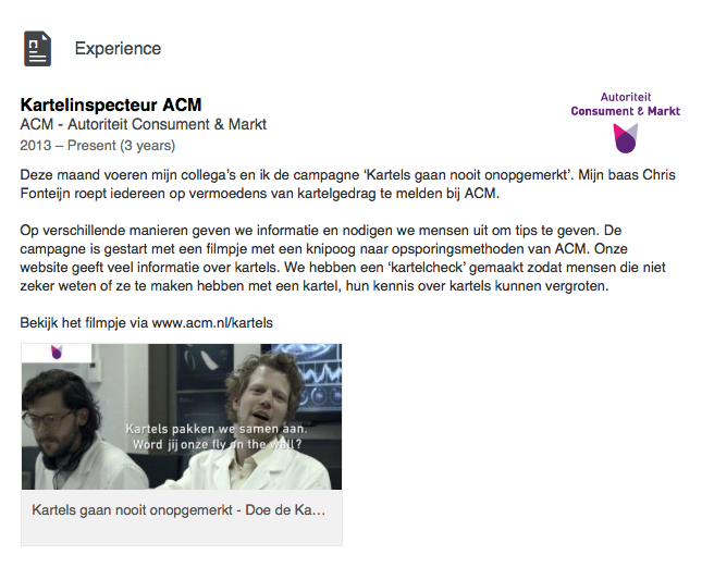 Extra informatie over kartelvorming op LinkedIn-profiel