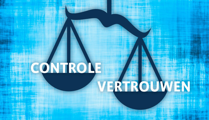 Weegschaal met links de tekst 'controle' en rechts de tekst 'vertrouwen'.