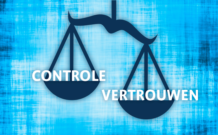 Weegschaal met links de tekst 'controle' en rechts de tekst 'vertrouwen'.