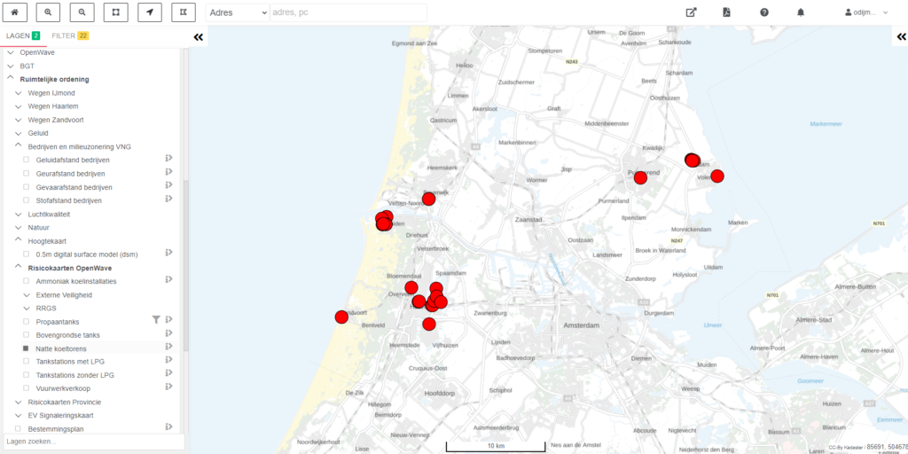 GIS-viewer met de kaart van natte koeltorens