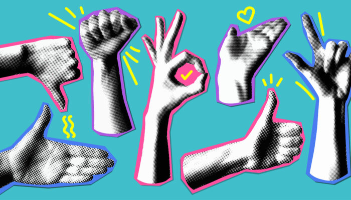 Illustratie met handen die allemaal iets anders uitbeelden