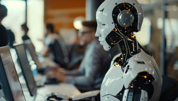 AI-robot zit naast menselijke collega's werk te doen