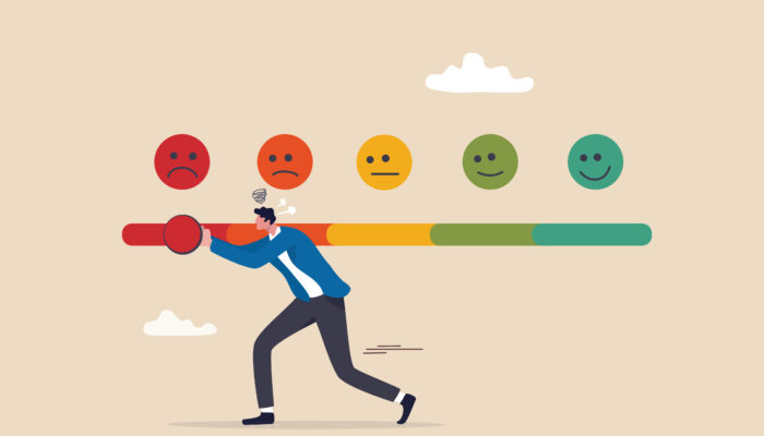 Tevredenheidsmeetlat waarbij man probeert van rood naar groen te komen