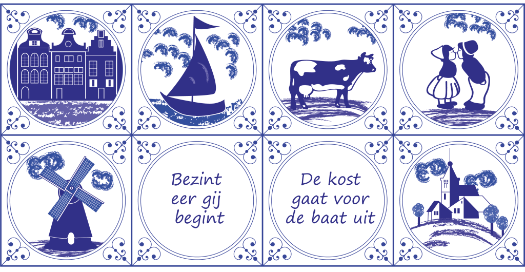 Delfstblauwe tegeltjes met teksten Bezint eer gij begint en De kost gaat voor de baat uit