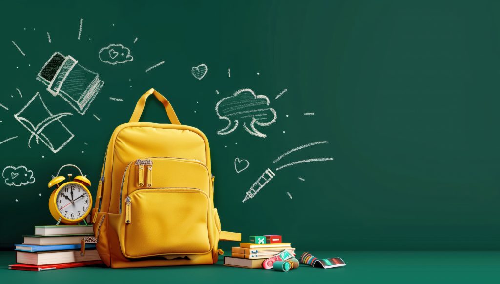 Schoolbord met daarvoor een gele tas en schoolspullen