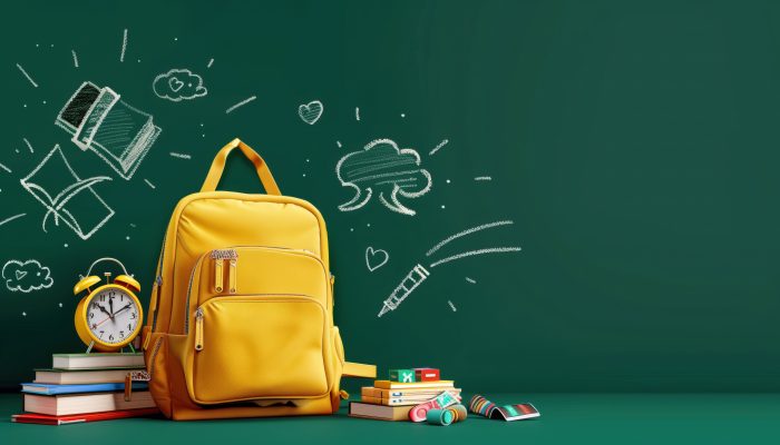 Schoolbord met daarvoor een gele tas en schoolspullen