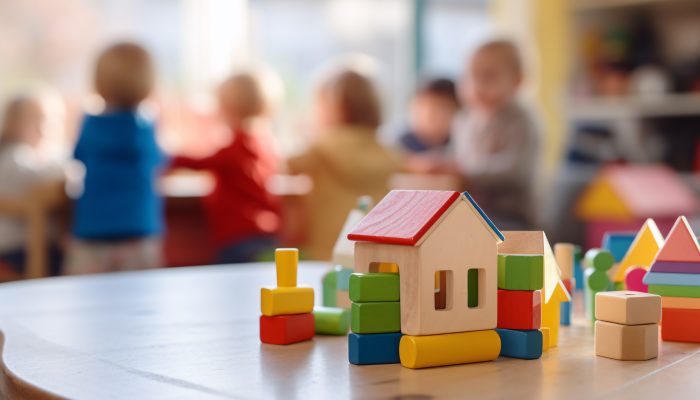Kinderopvang met op de voorgrond een huisje gemaakt met blokken en op de achtergrond kinderen