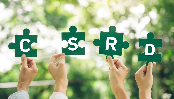 Vier handen houden allemaal een puzzelstukje met een letter vast, samen vormt dit de letters CSRD