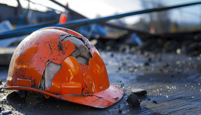 Kapotte helm ligt op de grond met op de achtergrond een ravage